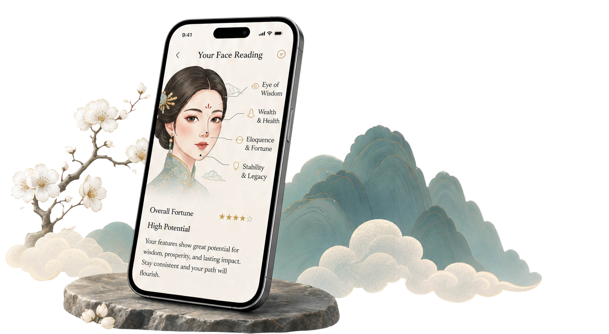 AuraFace app showing face reading analysis on phone with plum blossoms and mountains